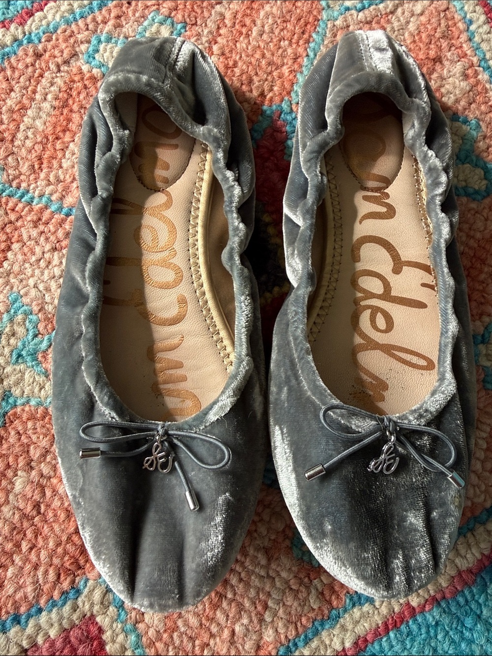Sam Edelman Silver Gray Velvet Ballet Flats with Bow Charm
